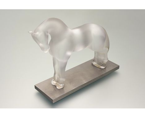 Lalique, "Siglavy", a frosted glass model of a standing horse, on a brushed aluminium base, engraved mark. Length of model 18