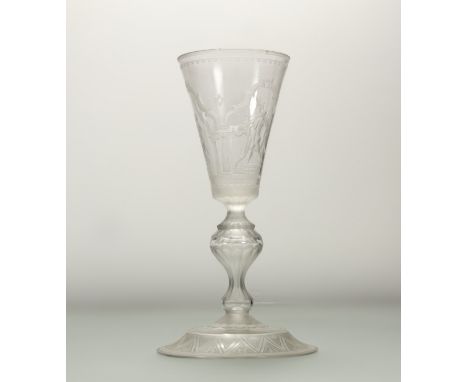 Simon Gate for Orrefors, a large part-frosted glass goblet, c. 1930, the bowl of conical form and decorated with a frieze of 