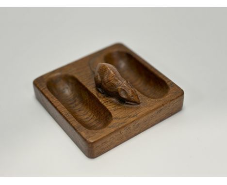 Robert Mouseman Thompson of Kilburn, oak rectangular double pin tray, with signature mouse to top. (l-10cm w-10.5cm)