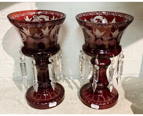 PAIR OF RUBY GLASS LUSTRES 27CMS (H) APPROX 