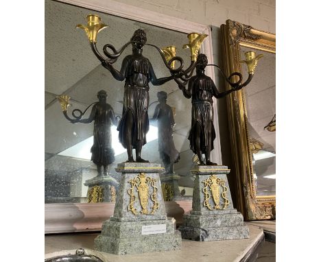 PAIR OF BRONZE &amp; MARBLE EMPIRE STYLE CANDELABRA 50CMS (H) APPROX