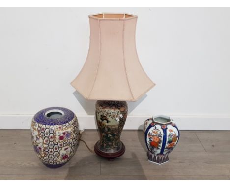 3 oriental items to include table lamp and shade together with 2 hand painted vases