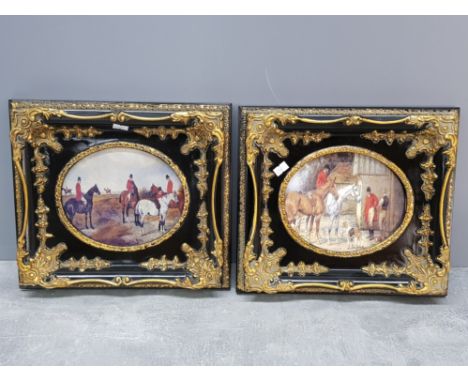 Pair of gilt framed oil on board paintings, both hunting scenes, 32x28cm