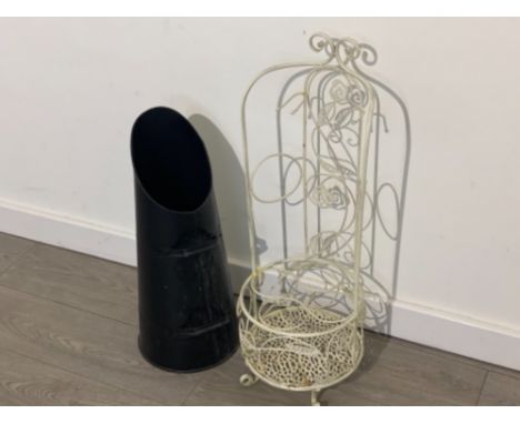 Black fireside anthracite metal coal hod bucket plus a metal umbrella and stick stand