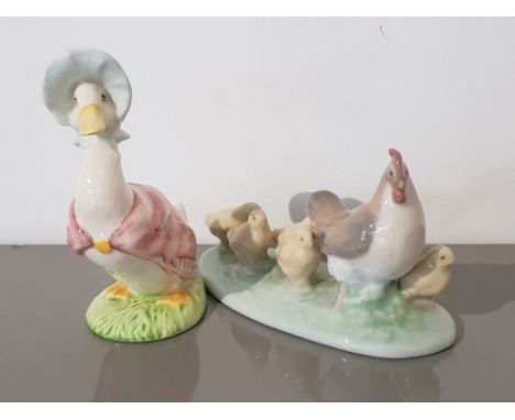 Nao by lladro figure hen with chicks and royal albert beatrix potter figure jemima puddleduck