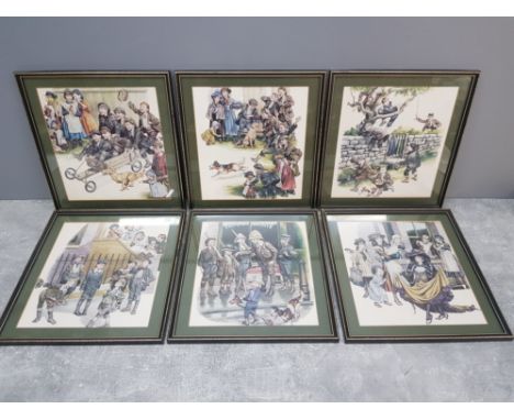 6 framed pictures 1950s kids playing