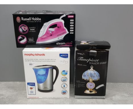 Morphy Richards Brita kettle, Russell Hobbs steam glide iron and timepiece touch lamp, all boxed