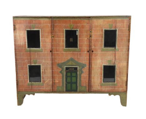 'Wingate House': An English cupboard house, early 19th century, standing on bracket feet with three opening doors revealing s