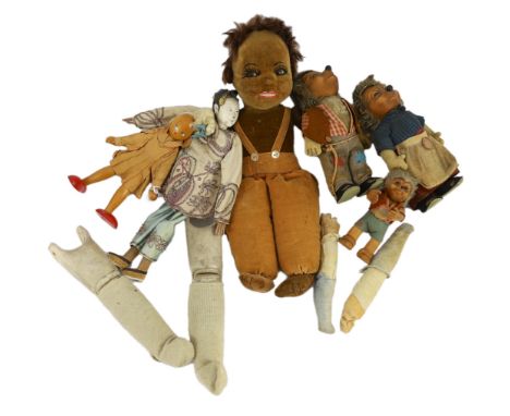 A Norah Wellings-type South Sea Island doll, 13in., three Steiff puppets, Japanese gofun doll, etc.***CONDITION REPORT*** Sou