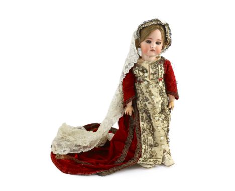 A Simon & Halbig bisque doll, mould 1078, sleeping eyes and open mouth, jointed wood and composition body, sequinned cream an