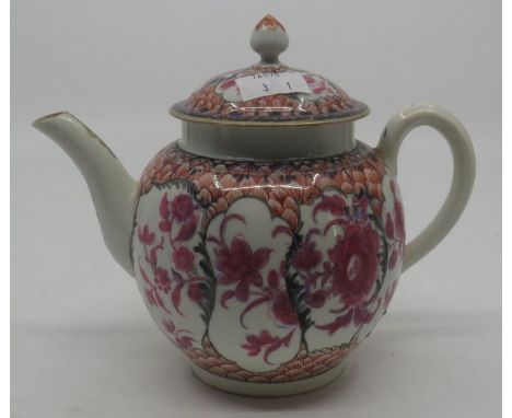 Worcester teapot circa 1770 , decorated with flowers within a scale border 15cm high
extensive damage and repairs to teapot .