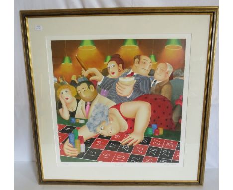 A framed signed limited edition print by Beryl Cook entitled 'Roulette', signed and numbered 210/395 .&nbsp; print&nbsp; 54.5