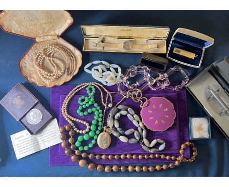 A selection of antique, vintage and contemporary costume jewellery - to include a Stratton compact, a Parker roller ball pen,