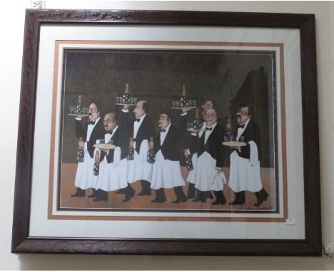 



A large print of wine waiters carrying trays of wine and glasses . 50cm x 66cm