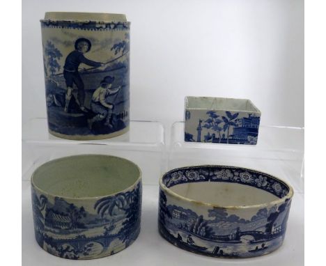 

Early 19th century transfer printed pearlware Brameld boy fishing pattern jar 15cm high , Spode Tiber pattern square pot , 