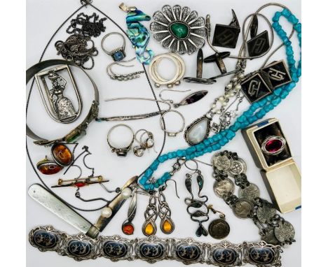 

A collection of sterling silver, 925 stamped and unmarked white metal jewellery and decorative items, to include items set 
