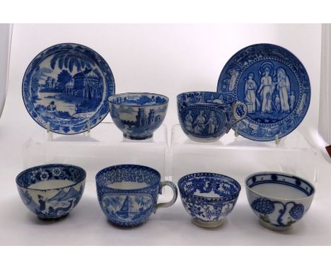 

2 early 19th century pearlware transfer printed cups and saucers and 3 teabowls and a hand painted Yorkshire teabowl . Fait