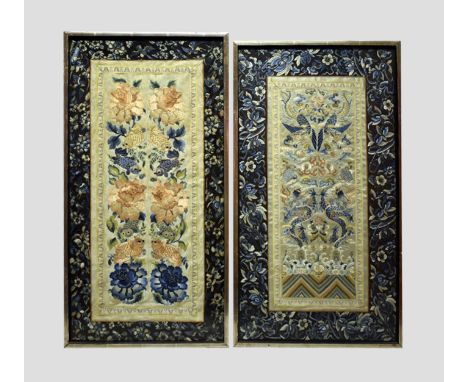 Two Chinese silk embroideries possibly made up from armbands, late 19th/early 20th century, each 28in. X 15in. Overall 71cm. 