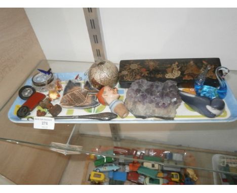 tray of collectables inc. Button hook, geode, glass animals etc