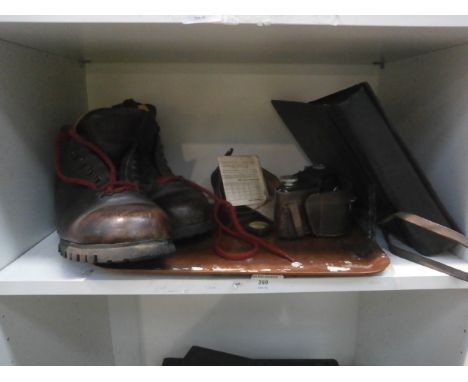 tray inc. Vintage quality walking boots ( size 9), vintage camera, photo album with B&W prints
