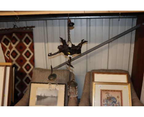 A spelter pendant lamp ion the form of a winged maiden AF