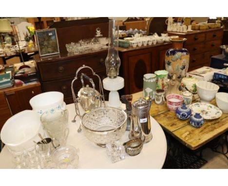 A large plated coffee pot; a plated five o'clock tea kettle of spirit heater stand; an opaque glass oil lamp etc.