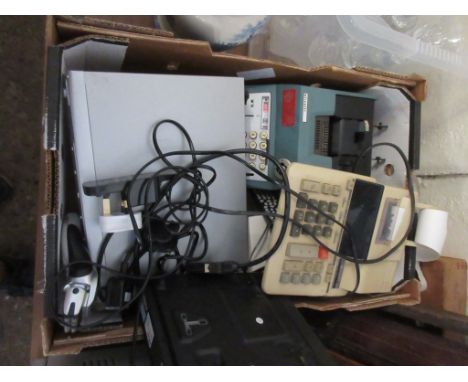 BOX OF MIXED VINTAGE CALCULATING MACHINES AND DVD PLAYER ETC