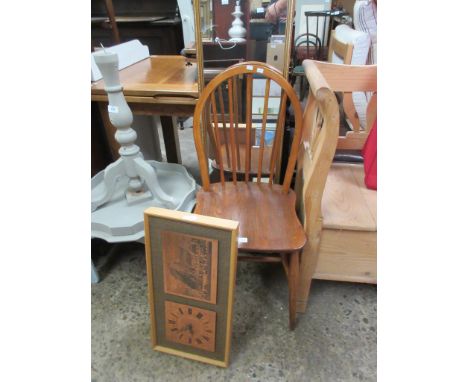 GILT FRAMED MIRROR, STICK BACK CHAIR AND A CLOCK