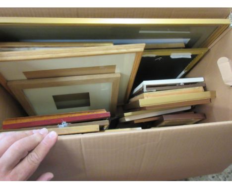 BOX CONTAINING QUANTITY OF VARIOUS PHOTO AND PICTURE FRAMES INCLUDING A VINTAGE SAMPLER, FRAMED JAPANESE EMBROIDERY, WATERCOL