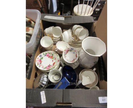 BOX CONTAINING VARIOUS LUBERN CUPS AND SAUCERS, HAND PAINTED FLORAL DECORATED CUPS ETC 