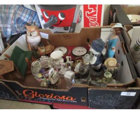 BOX OF MIXED DECORATIVE FIGURES PLUS A BAROMETER ETC