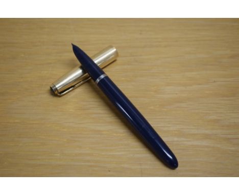 A Parker 51 MKII aerometric fill fountain pen in navy blue with rolled gold cap. Very small dents to cap