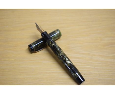 A Parker Duofold Deluxe Special button fill fountain pen in green and black marble with two narrow and one broad cap bands ha