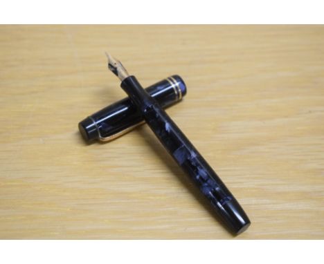 A Parker Duofold Junior button fill fountain pen in blue black marble with two cap bands having a Parker 14k England 15 9 nib