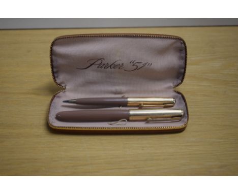 A boxed Parker 51 aerometric fill fountain pen and propelling pencil set in Cocoa with Gold fill cap