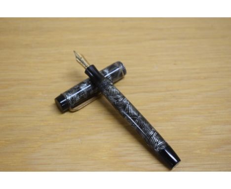 A Parker Duofold Junior button fill fountain pen in grey and black hatched pattern with a single narrow gold cap band having 