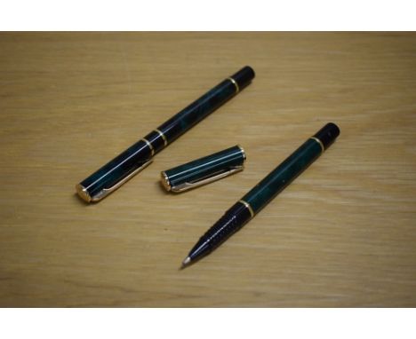Two Waterman Laureat rollerball pens in Green Black marble