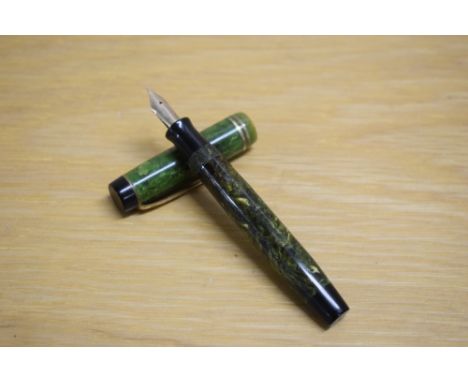 A Parker Duofold Junior button fill fountain pen in Jade Green with two bands to the cap having  Parker USA 8 nib