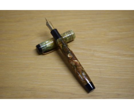 A Parker Duofold Deluxe Special button fill fountain pen in bronze and gold with three cap bands having a Parker Duofold 14k 