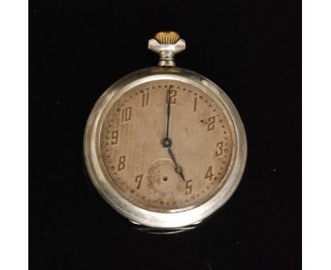 An early 20th Century steel cased Omega open faced crown wind pocket watch, Arabic numerals to a silvered dial, S/D. 