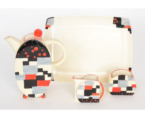 A tribute Bon Jour shape coffee pot, milk and sugar after Clarice Cliff hand painted by Terry Abbotts in the Cafe pattern wit
