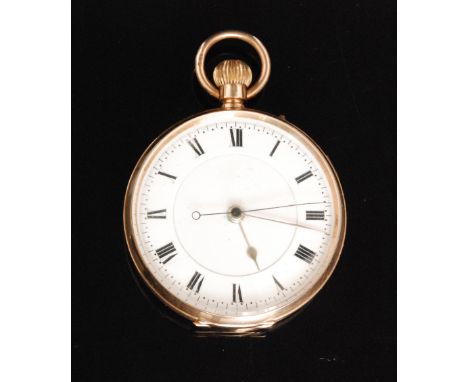 An early 20th Century 12.5ct hallmarked open faced crown wind chronograph pocket watch, Roman numerals to a white enamelled d