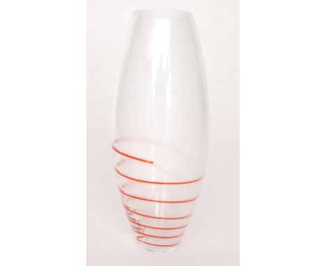 A large contemporary Italian Murano glass vase by Nason, of swollen cylindrical form, decorated with a fine red spiral line o