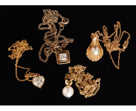 A 9ct cubic zirconia heart shaped pendant, a 10ct pendant designed as a pearl in a clam shell, a 9ct pearl pendant and a silv