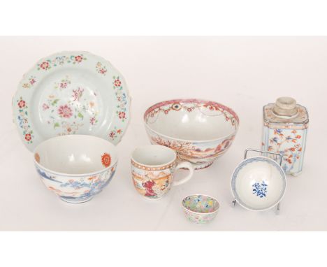 A collection of assorted 18th and 19th Century Chinese tea wares comprising a square tea caddy (lacking cover), a teacup, two