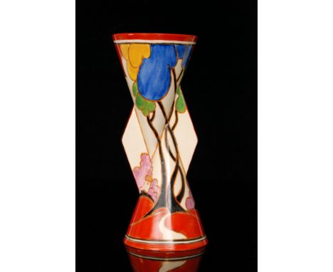 A tribute Yo Yo vase after Clarice Cliff, hand painted by Terry Abbots in the Blue Autumn pattern with a stylised tree and co