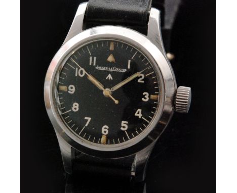 A 1948 Jaeger-LeCoultre stainless steel British Military mark 11 wristwatch, the matt black second generation broad arrow dia