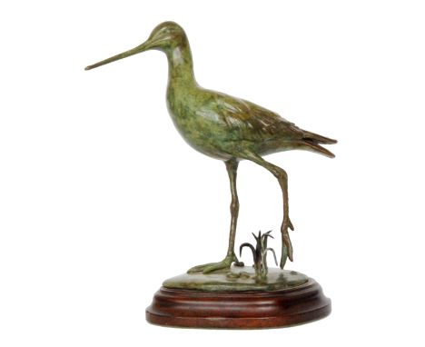 Patricia Northcroft (Contemporary) - A bronze study of a whimbrel in walking pose, green patinated finish, signed to base, ra