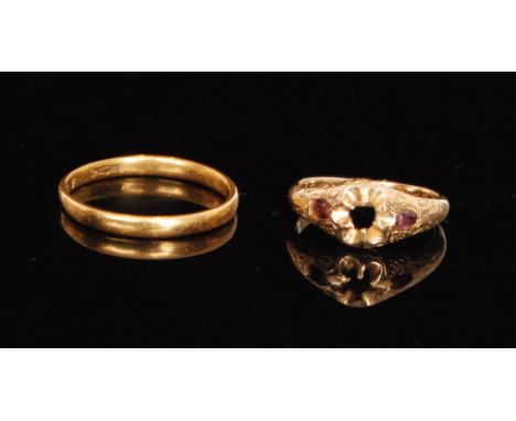 A 22ct hallmarked wedding ring, weight 2.5g, together with a similar amethyst and seed pearl three stone ring, latter S/D. 