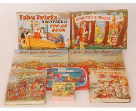 Pop up books - Come To Life Stories No 3, Toby Twirls Dillypaddle, two Bookano stories No 9 and No 12, two Coronation Long Li